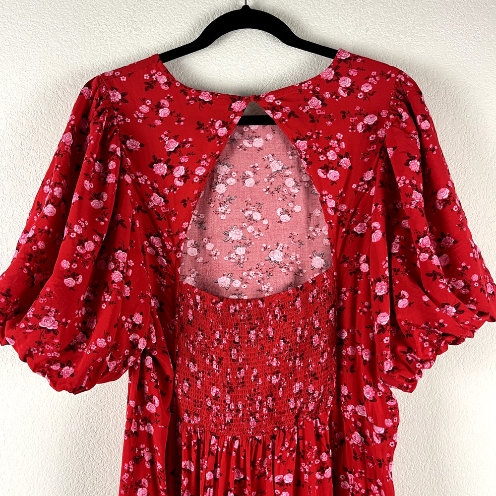 Old Navy Floral Maxi Dress Womens XXL Tall Red Puff Sleeve Open Back Front Slit - Picture 11 of 15